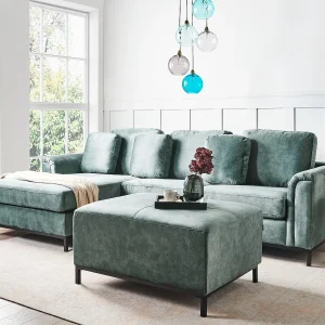 Hoekbank OSLO Fluweel Blauwgroen Met ottomaan 5-zitter Rechterzijde