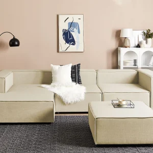 Modulaire hoekbank APRICA Kunstlinnen Beige Met ottomaan 3-zitter Rechterzijde Modulaire hoekbank APRICA Kunstlinnen Beige Met ottomaan 3-zitter Rechterzijde