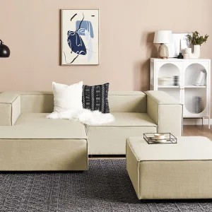 Modulaire hoekbank APRICA Kunstlinnen Beige Met ottomaan 2-zitter Rechterzijde Modulaire hoekbank APRICA Kunstlinnen Beige Met ottomaan 2-zitter Rechterzijde