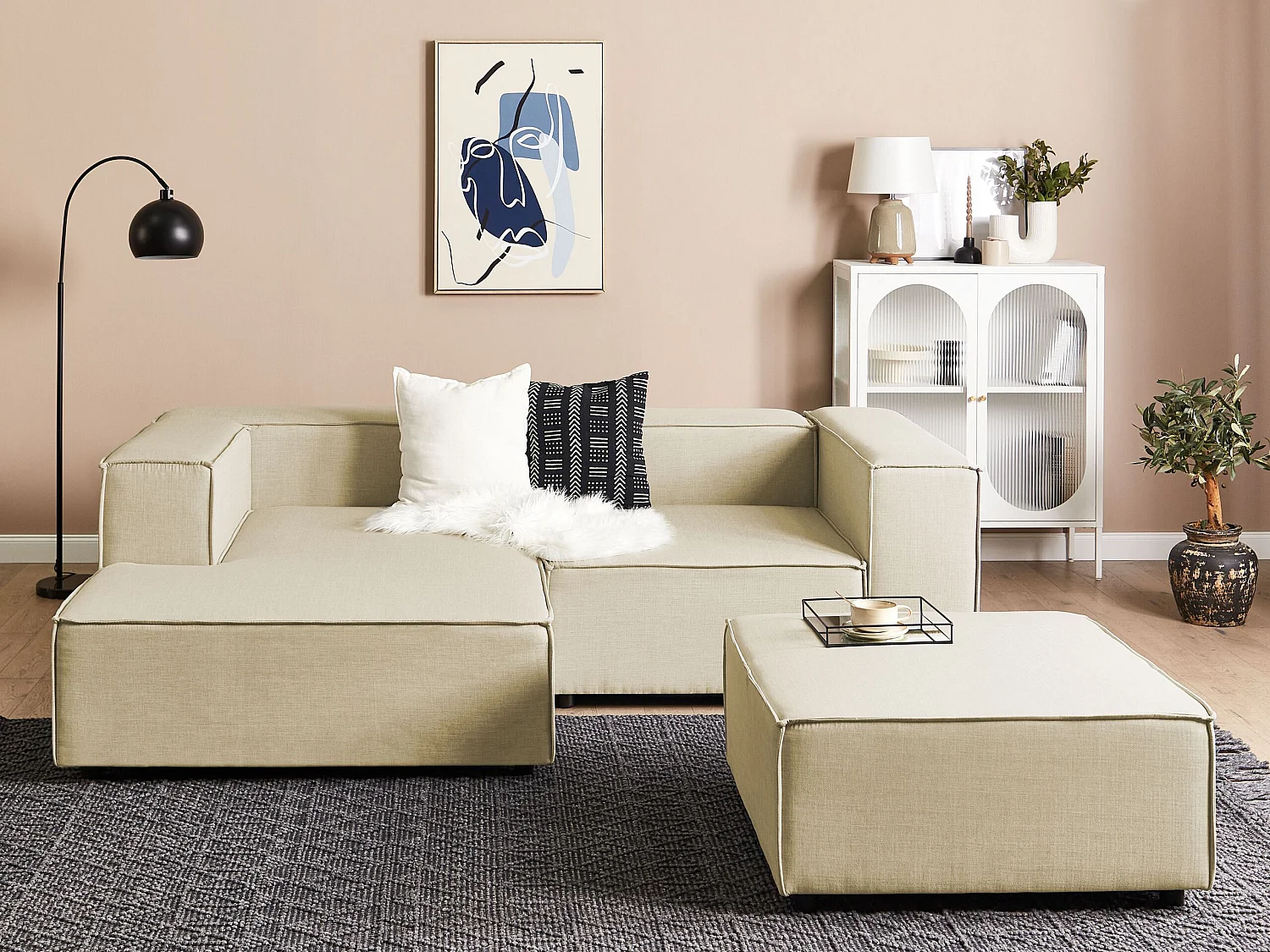 Modulaire hoekbank APRICA Kunstlinnen Beige Met ottomaan 2-zitter Rechterzijde