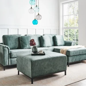 Hoekbank OSLO Fluweel Blauwgroen Met ottomaan 5-zitter Linkerzijde