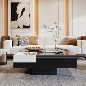 Glanzende salontafel met ledverlichting, bijzettafel met uitneembaar opbergvak, zwart + wit