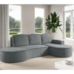 Hoekbank MOLLY met Slaapfunctie – Halfrond, Vrijstaand, Slaapoppervlak 140x207cm, 3 Grote Kussens, Curio Stof, 277x157x88cm, Rechts Grijs