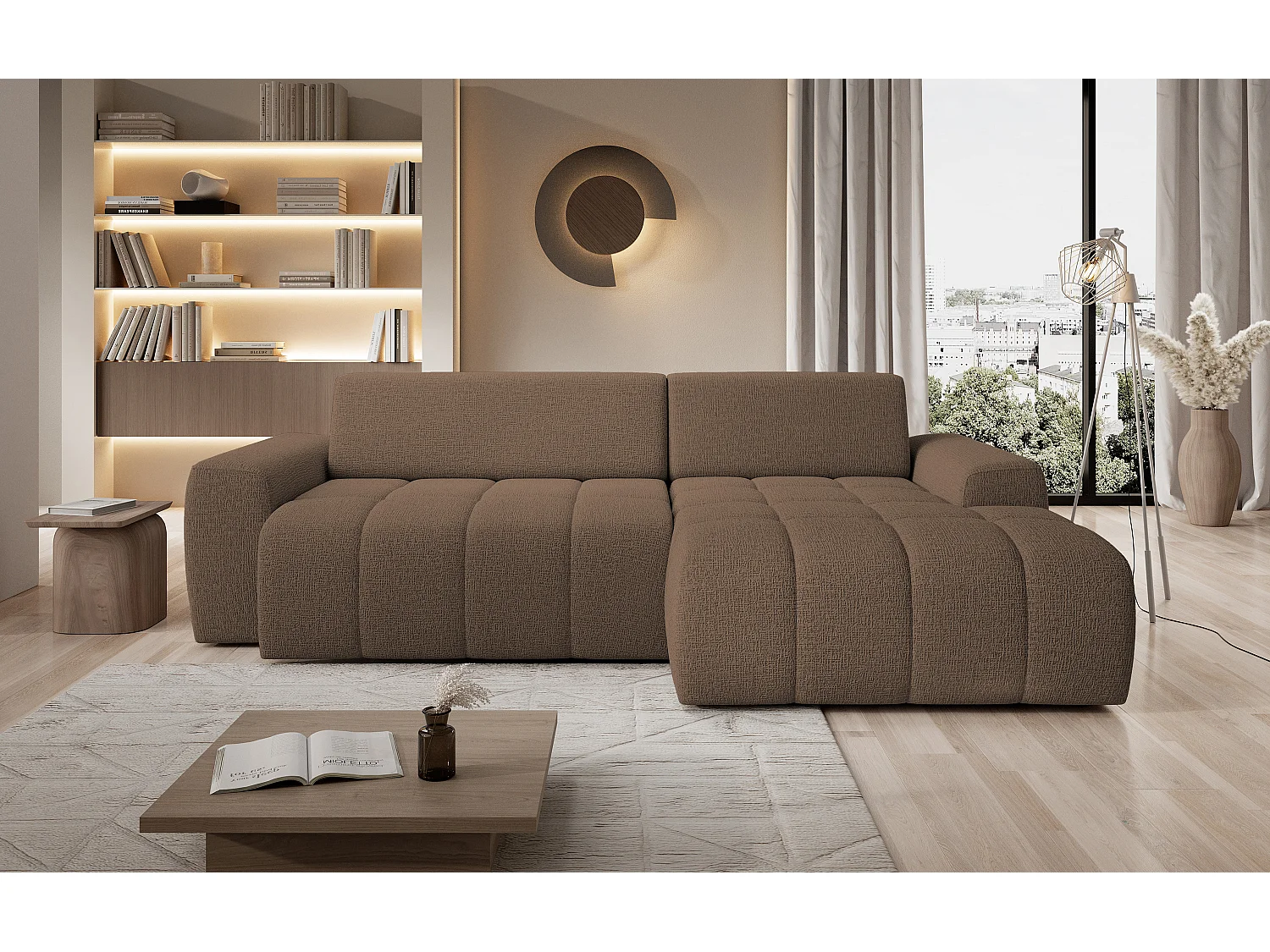Hoekbank Savio Vrijstaand, Slijtvast Kansas-stof, Afm. 265x172x81cm, Uitschuifbaar Zitvlak 206x92cm, Rechterkant, Cappuccino