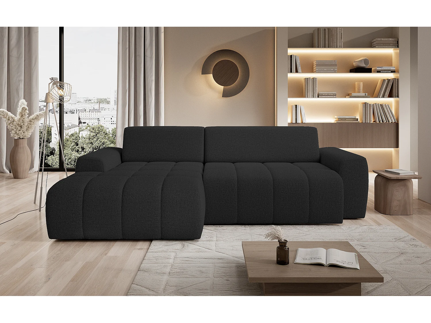Hoekbank Savio Vrijstaand, Slijtvast Kansas-stof, Afm. 265x172x81cm, Uitschuifbaar Zitvlak 206x92cm, Linkerkant, Antraciet
