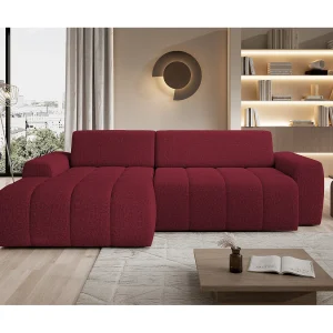 Hoekbank Savio Vrijstaand, Slijtvast Kansas-stof, Afm. 265x172x81cm, Uitschuifbaar Zitvlak 206x92cm, Linkerkant, Kers Hoekbank Savio Vrijstaand, Slijtvast Kansas-stof, Afm. 265x172x81cm, Uitschuifbaar Zitvlak 206x92cm, Linkerkant, Kers