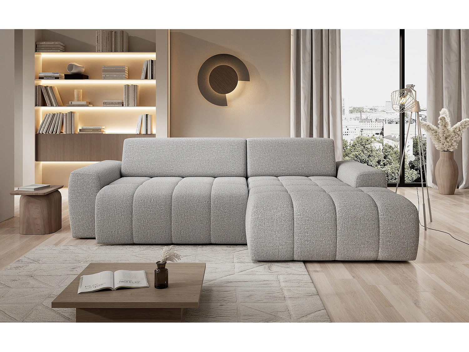 Hoekbank Savio Vrijstaand, Slijtvast Kansas-stof, Afm. 265x172x81cm, Uitschuifbaar Zitvlak 206x92cm, Rechterkant, Es