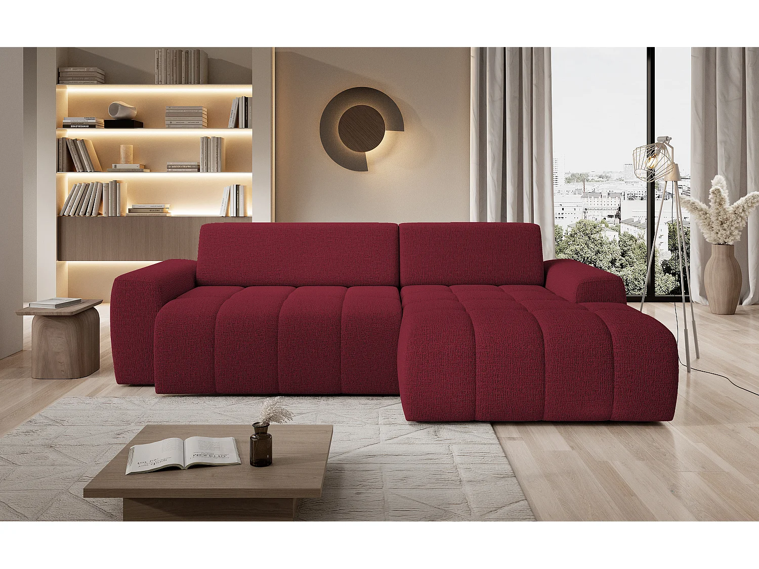 Hoekbank Savio Vrijstaand, Slijtvast Kansas-stof, Afm. 265x172x81cm, Uitschuifbaar Zitvlak 206x92cm, Rechterkant, Kers