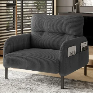 Grijze corduroy fauteuil – met zijzakken – vierkante stijl en natuurlijk design voor woonkamer of balkon Grijze corduroy fauteuil – met zijzakken – vierkante stijl en natuurlijk design voor woonkamer of balkon