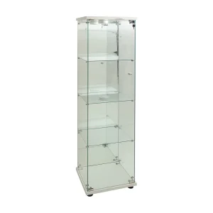 Glazen vitrinekast met 1 deur en slot, voor de woonkamer, wit met verlichting en spiegel, 164×42,5×36,5 cm