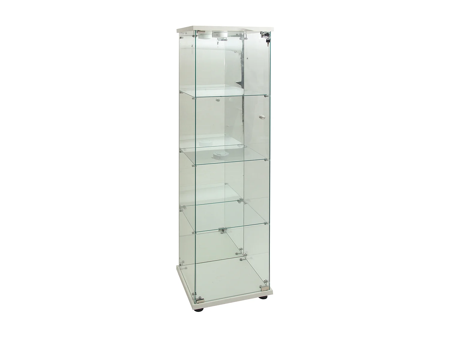 Glazen vitrinekast met 1 deur en slot, voor de woonkamer, wit met verlichting en spiegel, 164x42,5x36,5 cm