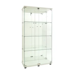 Glazen vitrinekast met ledverlichting en slot, glazen vitrinekast voor de woonkamer met 2 deuren en planken, wit Glazen vitrinekast met ledverlichting en slot, glazen vitrinekast voor de woonkamer met 2 deuren en planken, wit
