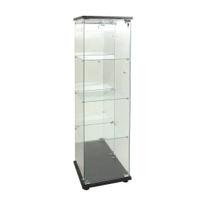Glazen vitrinekast met 1 deur en slot, voor de woonkamer, zwart met verlichting en spiegel, 164×42,5×36,5 cm