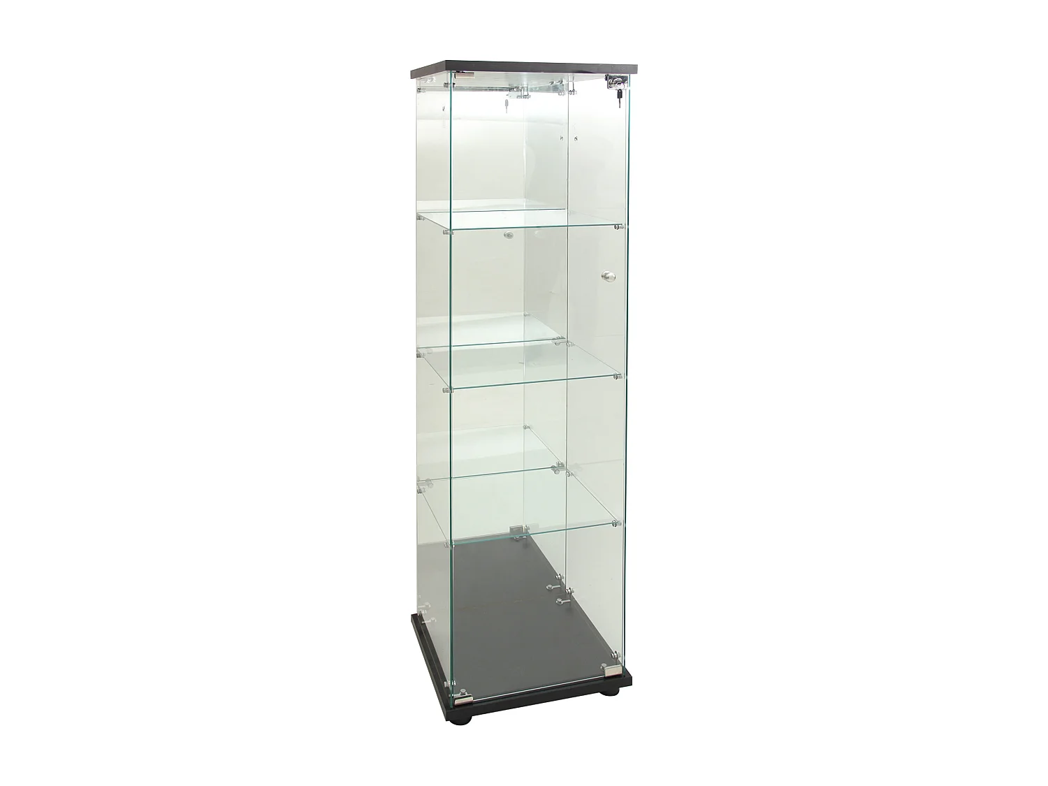 Glazen vitrinekast met 1 deur en slot, voor de woonkamer, zwart met verlichting en spiegel, 164x42,5x36,5 cm