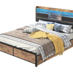 Gestoffeerd tweepersoonsbed, 140 x 200 cm, met LED-hoofdbord en USB-poort, metalen bedframe, zwart