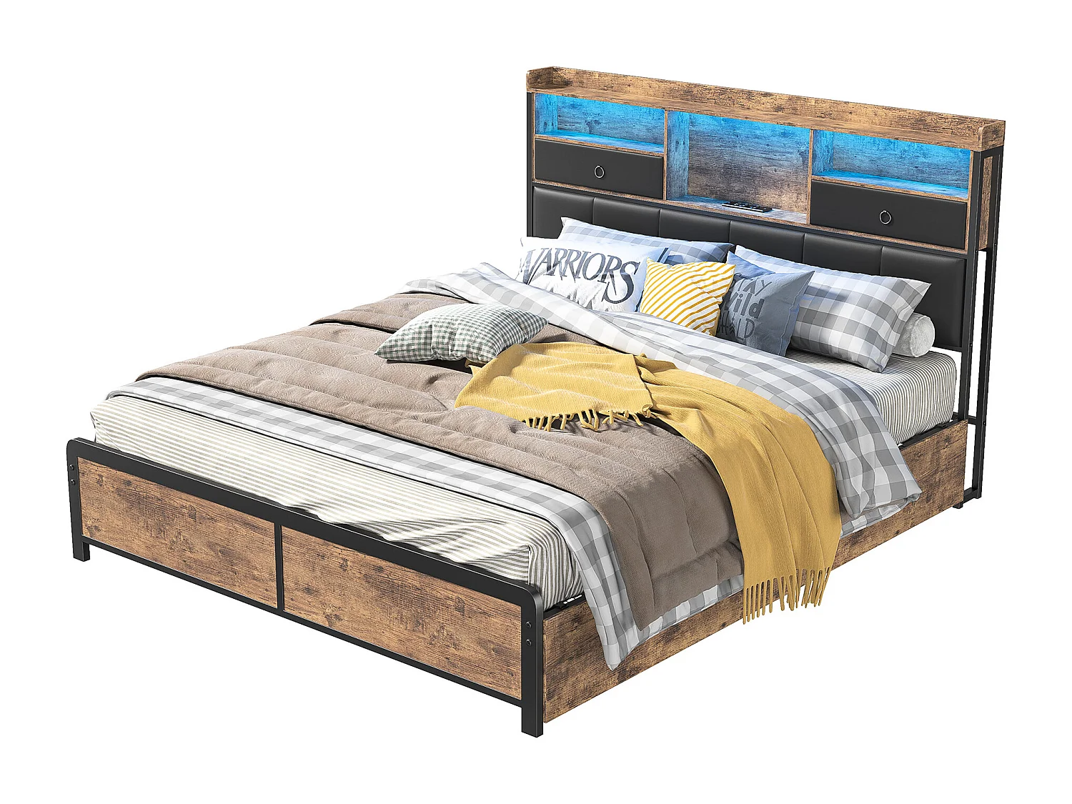 Gestoffeerd tweepersoonsbed, 140 x 200 cm, met LED-hoofdbord en USB-poort, metalen bedframe, zwart