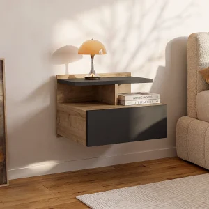 Hangend nachtkastje met 1 lade en 1 plankje, naturel en antraciet – AZELNO