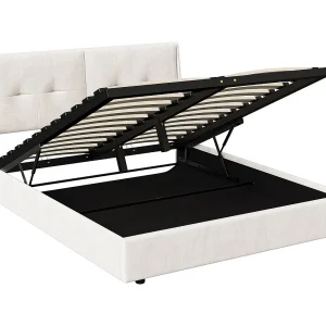 Gestoffeerd bed 140 x 200 cm, tweepersoonsbedframe met ledverlichting onder het bed, beige Gestoffeerd bed 140 x 200 cm, tweepersoonsbedframe met ledverlichting onder het bed, beige