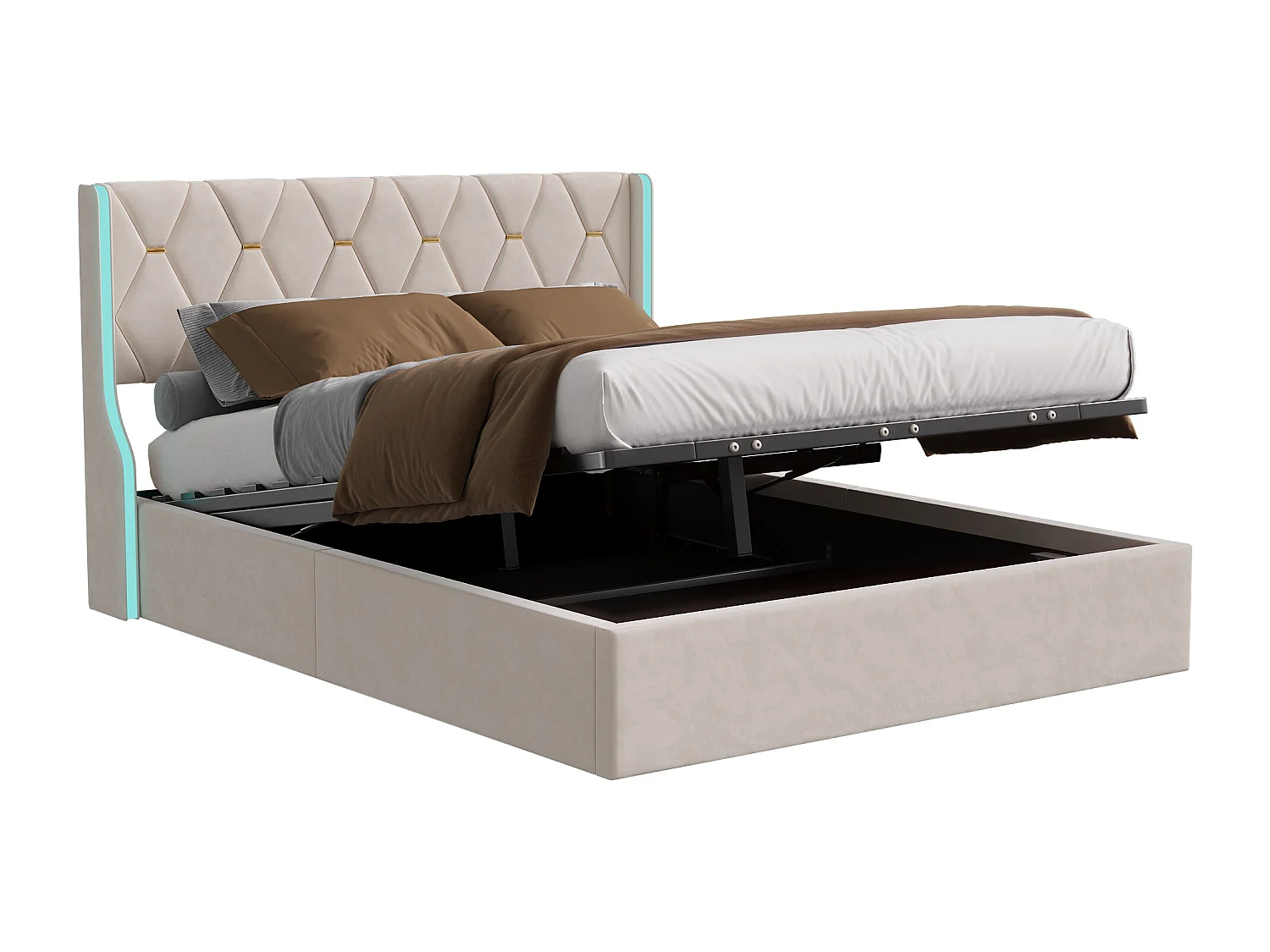 Gestoffeerd tweepersoonsbed 140 x 190 cm, met ledverlichting en usb-poort, met lattenbodem, fluweel, beige