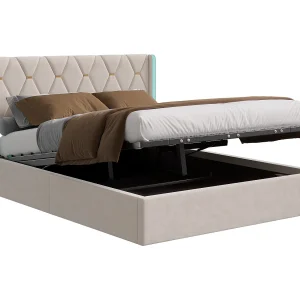 Gestoffeerd tweepersoonsbed, 140 x 190 cm, LED-verlichting met hoofdbord en lattenbodem, fluweel, beige Gestoffeerd tweepersoonsbed, 140 x 190 cm, LED-verlichting met hoofdbord en lattenbodem, fluweel, beige