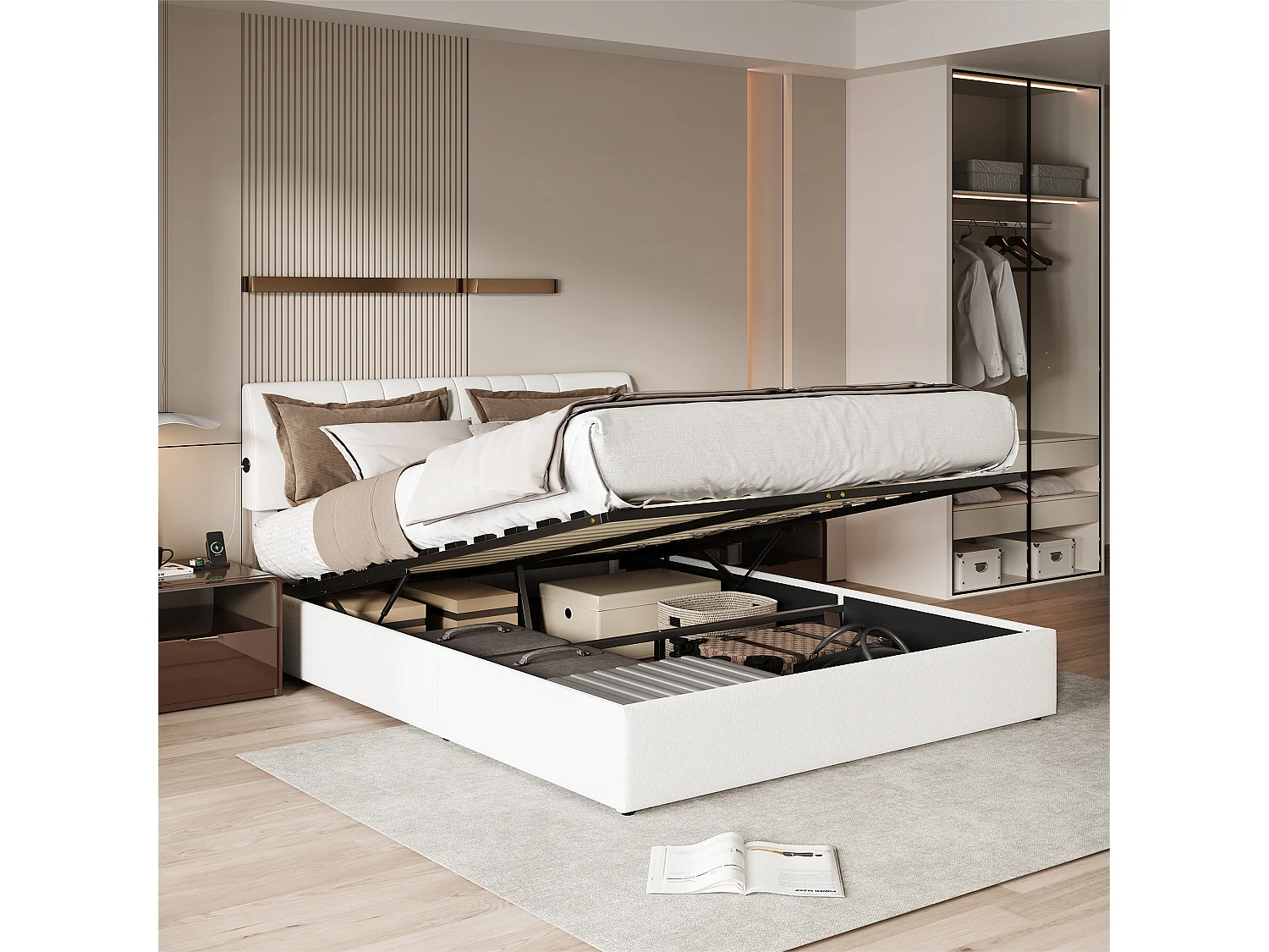 Gestoffeerd boxspringbed, 140 x 190 cm, met lattenbodem en opbergruimte, crème