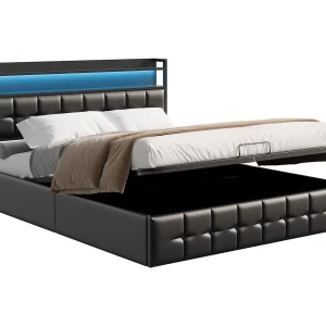 Gestoffeerd bed, 140 x 190 cm, met USB-poort, tweepersoonsbed met ledverlichting, lattenbodem, PU-leer, zwart Gestoffeerd bed, 140 x 190 cm, met USB-poort, tweepersoonsbed met ledverlichting, lattenbodem, PU-leer, zwart