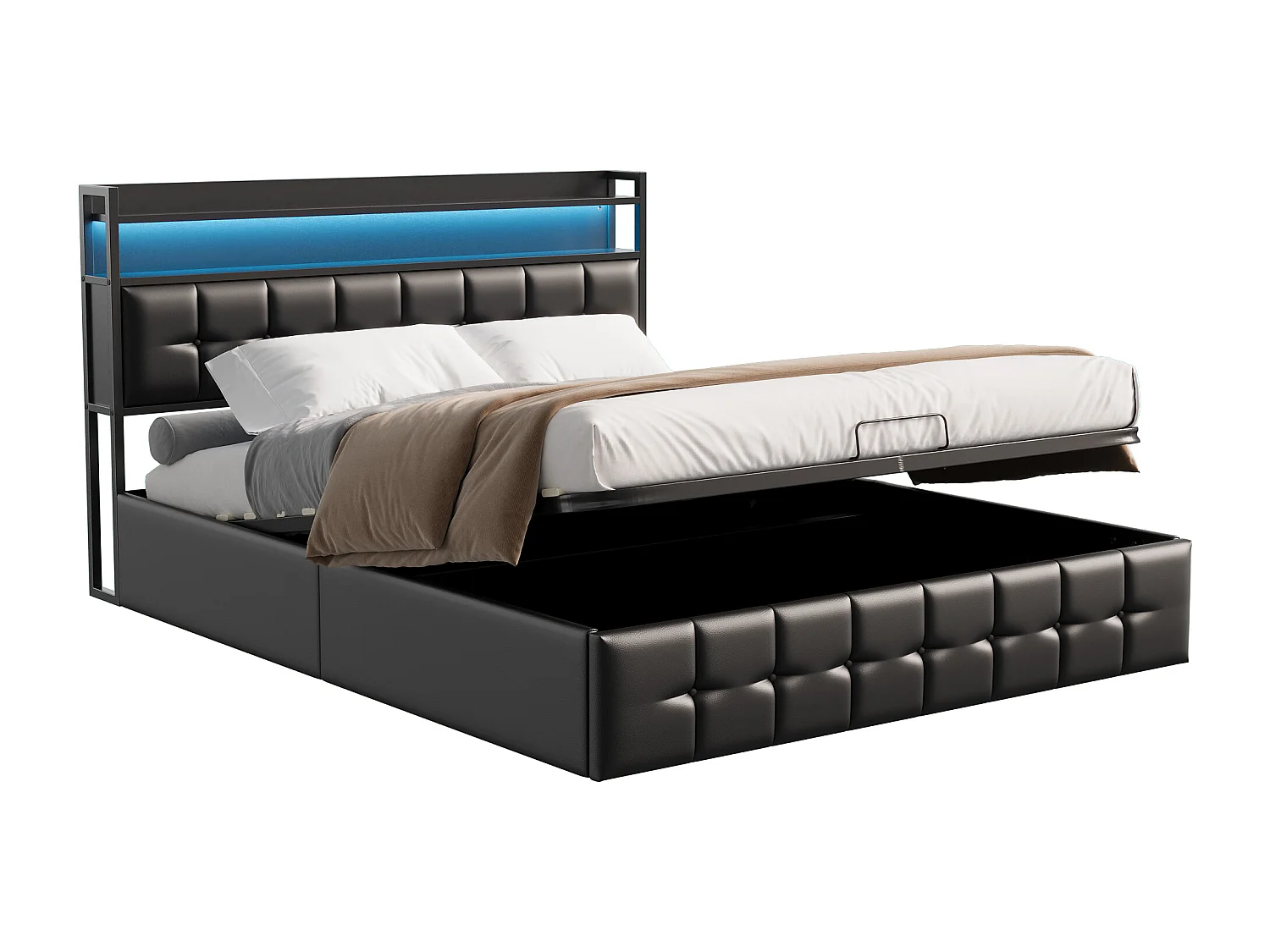 Gestoffeerd bed, 140 x 190 cm, met USB-poort, tweepersoonsbed met ledverlichting, lattenbodem, PU-leer, zwart