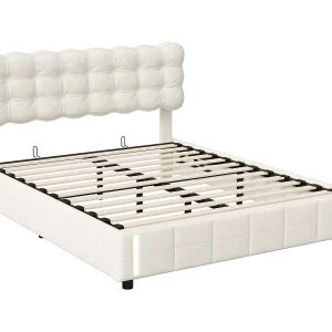 Gestoffeerd tweepersoonsbed 140×190 cm, opbergbed met lattenbodem, ledverlichting, fluweel, beige Gestoffeerd tweepersoonsbed 140×190 cm, opbergbed met lattenbodem, ledverlichting, fluweel, beige