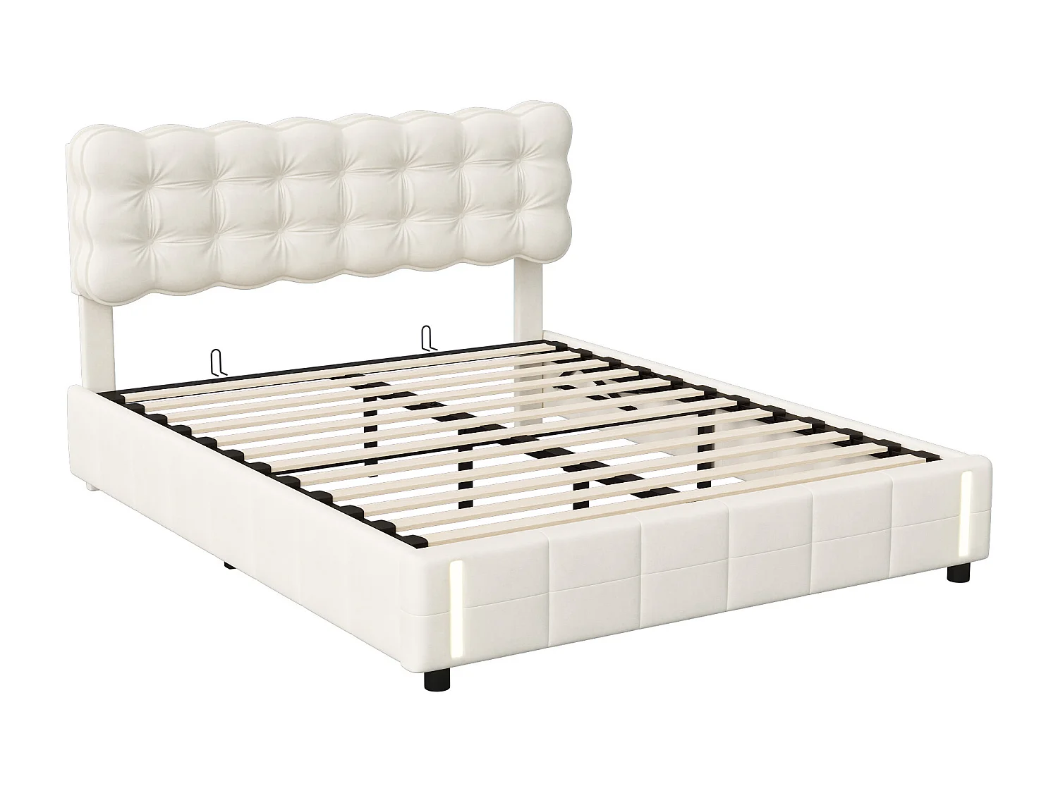 Gestoffeerd tweepersoonsbed 140x190 cm, opbergbed met lattenbodem, ledverlichting, fluweel, beige