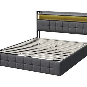 Gestoffeerd tweepersoonsbed 140×190 cm, met ledverlichting en USB-poort, met lattenbodem, linnen, grijs Gestoffeerd tweepersoonsbed 140×190 cm, met ledverlichting en USB-poort, met lattenbodem, linnen, grijs
