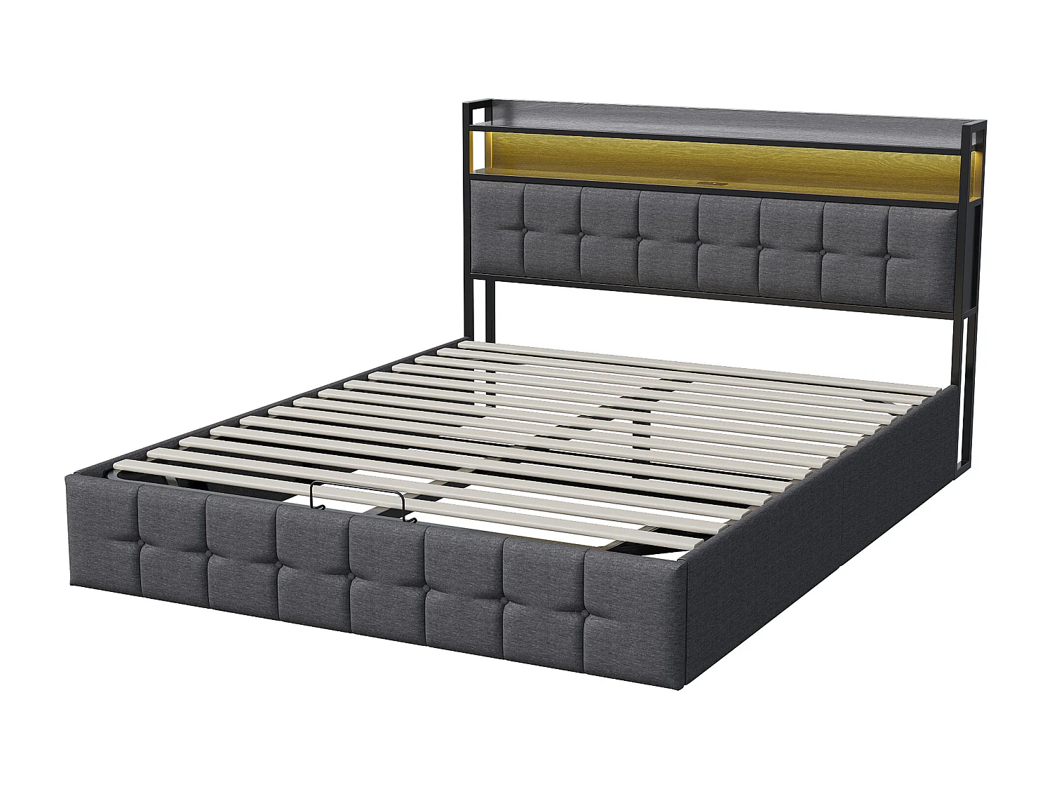 Gestoffeerd tweepersoonsbed 140x190 cm, met ledverlichting en USB-poort, met lattenbodem, linnen, grijs