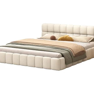 Gestoffeerd tweepersoonsbed, bubbelmatras, 140 x 190 cm, met lattenbodem en zachte rugleuning, linnen, beige Gestoffeerd tweepersoonsbed, bubbelmatras, 140 x 190 cm, met lattenbodem en zachte rugleuning, linnen, beige