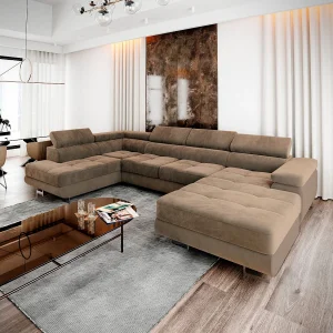 Hoekbank CASONE van fluweel met slaapfunctie Beige Hoekbank CASONE van fluweel met slaapfunctie Beige
