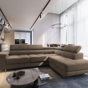 Hoekbank SELVA van fluweel met slaapfunctie Beige
