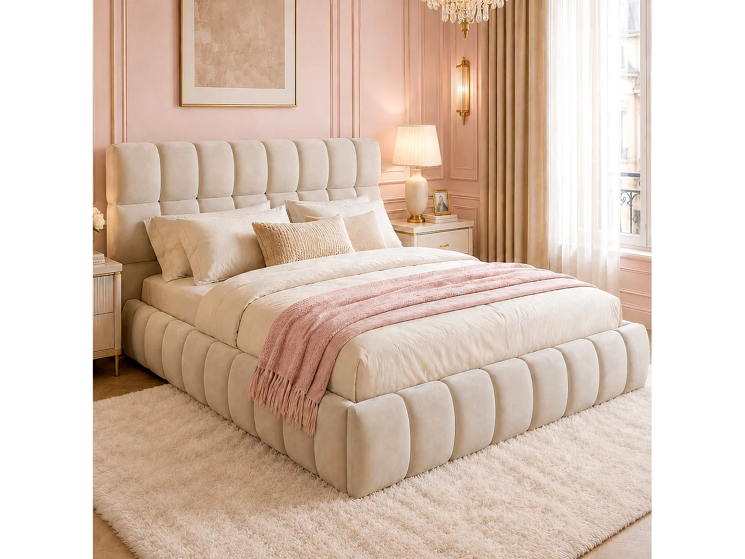 Gestoffeerd kinderbed - 140 x 190 cm - met zachte rugleuning en gewatteerde zijkanten - fluweel - beige