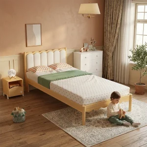 Gestoffeerd eenpersoonsbed voor kinderen – 90 x 200 cm – met hoofdbord en lattenbodem – massief hout – beige en naturel Gestoffeerd eenpersoonsbed voor kinderen – 90 x 200 cm – met hoofdbord en lattenbodem – massief hout – beige en naturel