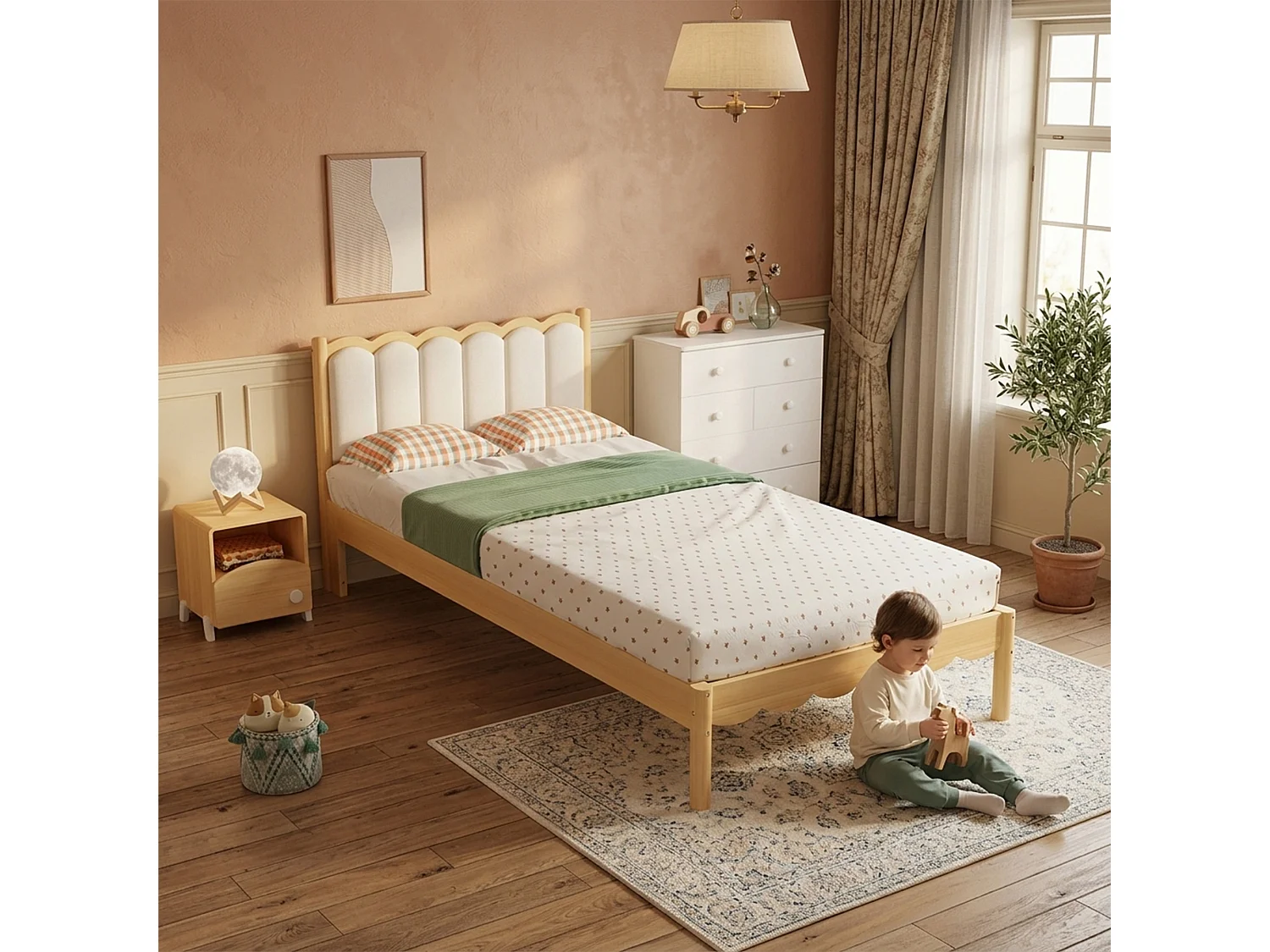 Gestoffeerd eenpersoonsbed voor kinderen - 90 x 200 cm - met hoofdbord en lattenbodem - massief hout - beige en naturel