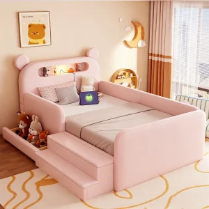 Gestoffeerd kinderbed – 90 x 200 cm – met hoofdeinde + nachtlampje + USB-poort + lade + voetenbankje – kunstleer – roze Gestoffeerd kinderbed – 90 x 200 cm – met hoofdeinde + nachtlampje + USB-poort + lade + voetenbankje – kunstleer – roze