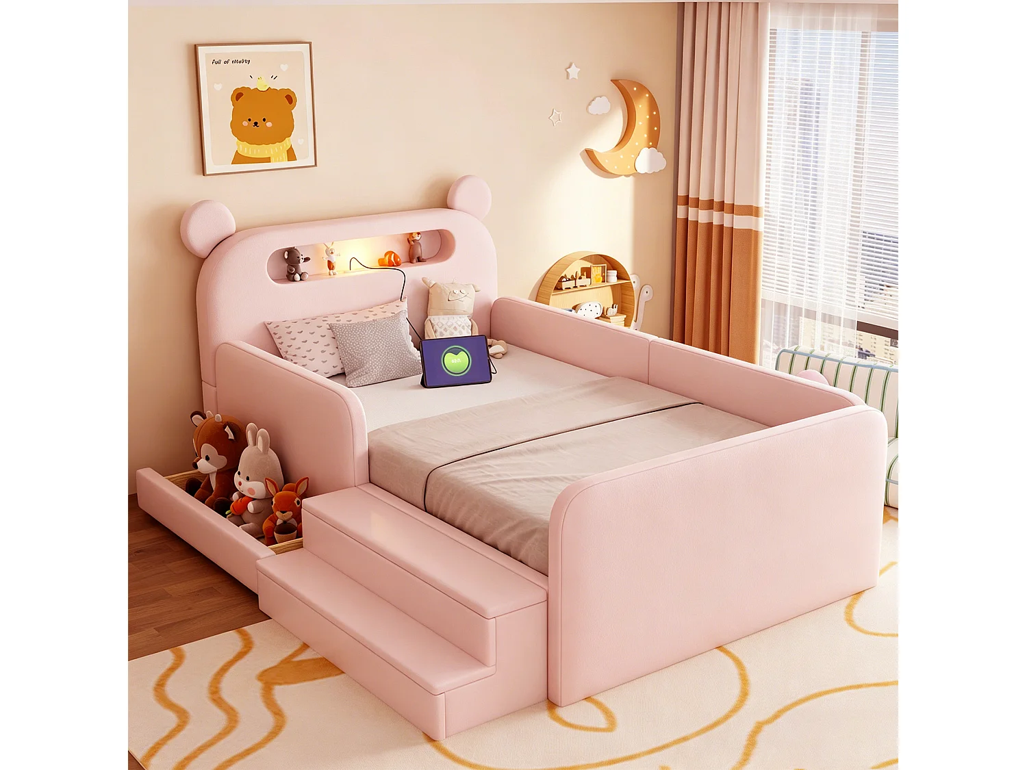 Gestoffeerd kinderbed - 90 x 200 cm - met hoofdeinde + nachtlampje + USB-poort + lade + voetenbankje - kunstleer - roze