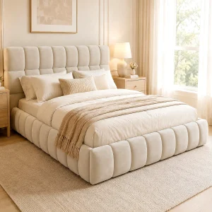 Gestoffeerd kinderbed – 140 x 200 cm – met zachte rugleuning en gewatteerde zijkanten – fluweel – beige Gestoffeerd kinderbed – 140 x 200 cm – met zachte rugleuning en gewatteerde zijkanten – fluweel – beige