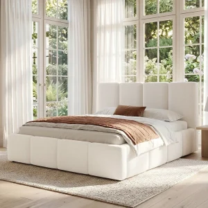 Gestoffeerd tweepersoonsbed – 160 x 200 cm – met lattenbodem + hoofdbord – lusstof – beige Gestoffeerd tweepersoonsbed – 160 x 200 cm – met lattenbodem + hoofdbord – lusstof – beige