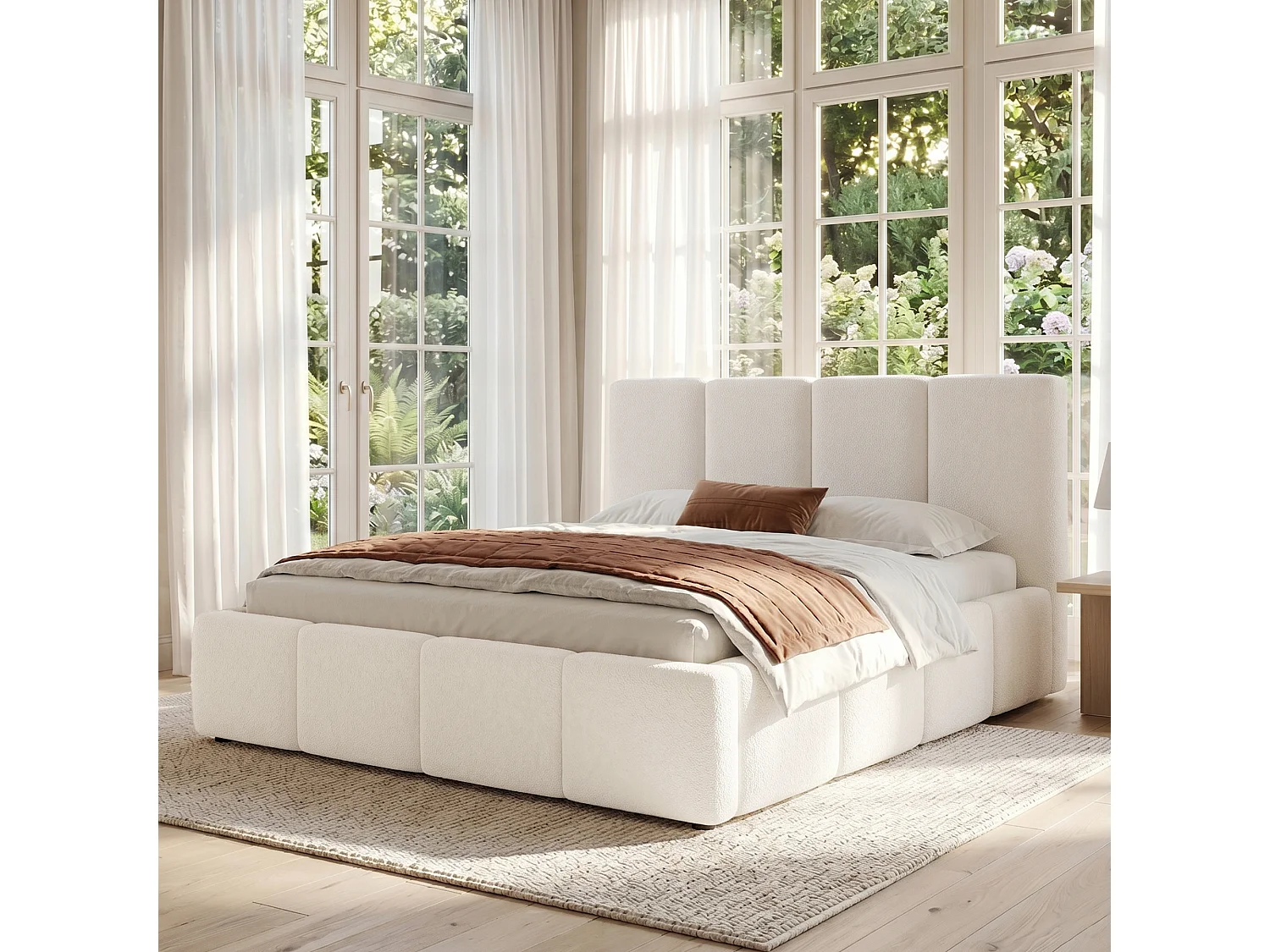 Gestoffeerd tweepersoonsbed - 160 x 200 cm - met lattenbodem + hoofdbord - lusstof - beige