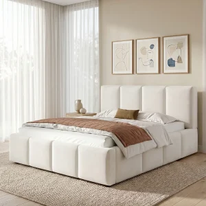 Gestoffeerd tweepersoonsbed – 180 x 200 cm – met lattenbodem + hoofdbord – chenille – beige Gestoffeerd tweepersoonsbed – 180 x 200 cm – met lattenbodem + hoofdbord – chenille – beige