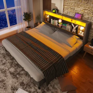 Gestoffeerd tweepersoonsbed – 160 x 200 cm – met opbergruimte in het hoofdeinde + USB + LED's – hout – grijs Gestoffeerd tweepersoonsbed – 160 x 200 cm – met opbergruimte in het hoofdeinde + USB + LED's – hout – grijs