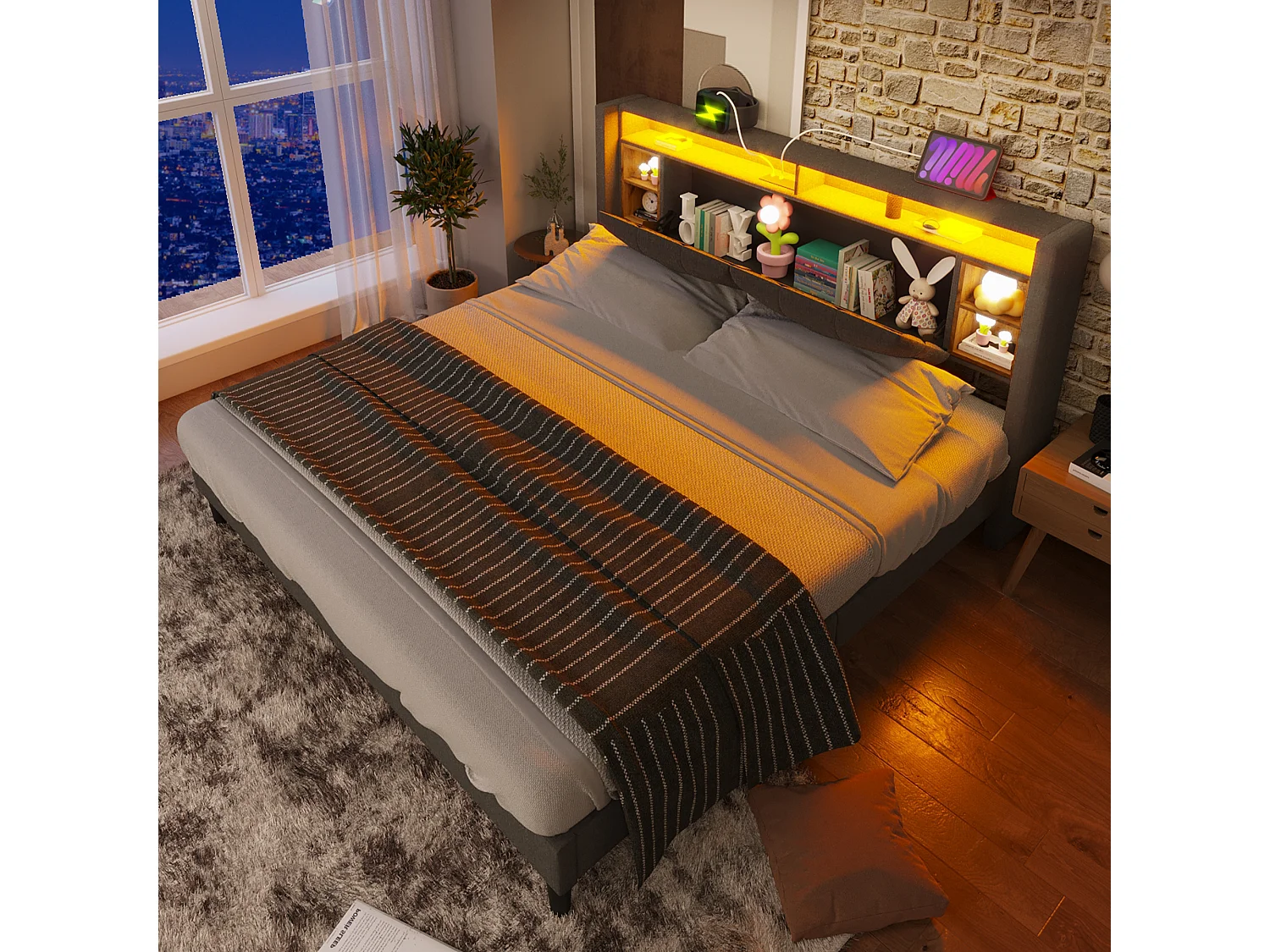 Gestoffeerd tweepersoonsbed - 160 x 200 cm - met opbergruimte in het hoofdeinde + USB + LED's - hout - grijs