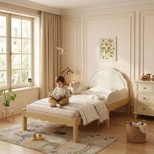 Gestoffeerd eenpersoonsbed voor kinderen – 90 x 200 cm – met hoofdbord en lattenbodem – hout – beige en naturel Gestoffeerd eenpersoonsbed voor kinderen – 90 x 200 cm – met hoofdbord en lattenbodem – hout – beige en naturel