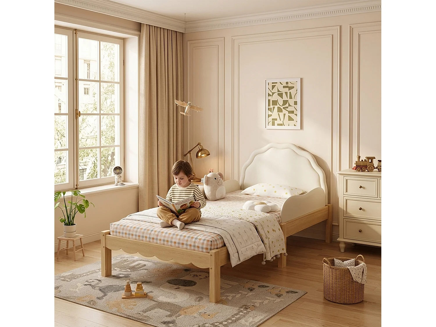 Gestoffeerd eenpersoonsbed voor kinderen - 90 x 200 cm - met hoofdbord en lattenbodem - hout - beige en naturel