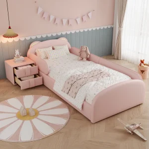 Gestoffeerd eenpersoonsbed voor kinderen – 90 x 200 cm – met hoofdbord en nachtkastje – fluweel en multiplex – roze Gestoffeerd eenpersoonsbed voor kinderen – 90 x 200 cm – met hoofdbord en nachtkastje – fluweel en multiplex – roze