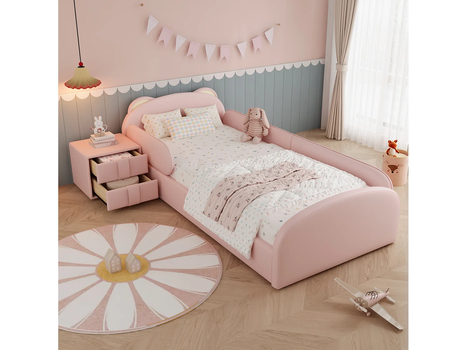 Gestoffeerd eenpersoonsbed voor kinderen - 90 x 200 cm - met hoofdbord en nachtkastje - fluweel en multiplex - roze