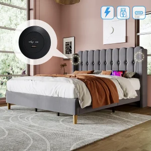 Gestoffeerd tweepersoonsbed – 180 x 200 cm – met USB Type-C + lattenbodem + hoofdbord – linnen – grijs Gestoffeerd tweepersoonsbed – 180 x 200 cm – met USB Type-C + lattenbodem + hoofdbord – linnen – grijs